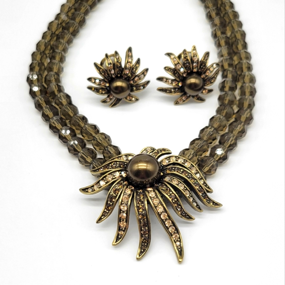 Heidi Daus Smokey Quartz Swarovski Crystal + Chocolate Pearl Necklace + Earrings